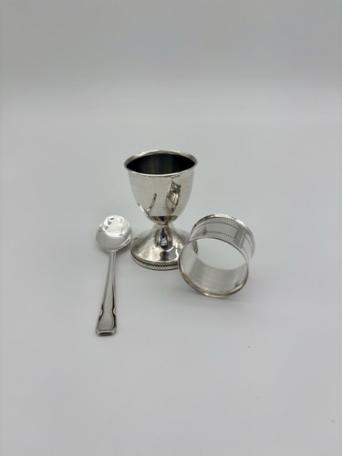 Silver plated egg cup - egg, spoon